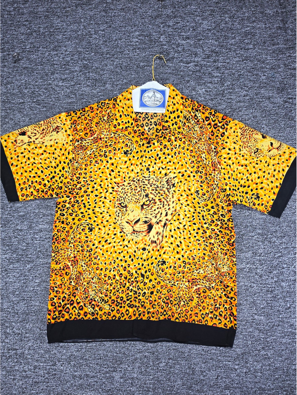 Vtg Trust Men's Yellow Leopard Animal Print Collared Button Front T-Shirt Sz 2XL